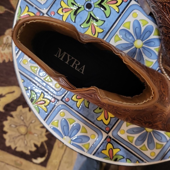 Myra Bag Brown Tooled Floral Leather Ankle Boots - Picture 3 of 10